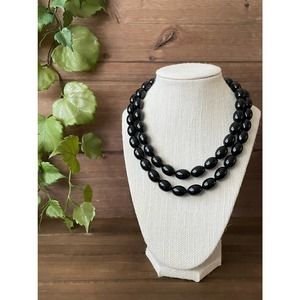 Signed Vintage Trifari Black Beaded Necklace - Lucite Oval Beads - 34”